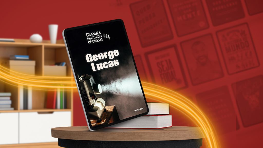 Uma mesa com dois livros deitados e um em pé, este "George Lucas". Ao fundo, do lado esquerdo, uma estande de livros e do lado direito a projeção de várias capas de livros.