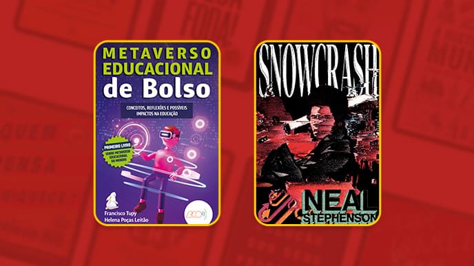 Imagem de fundo vermelho com a capa de dois livros "Metaverso educacional de bolso" e "Snow Crash".