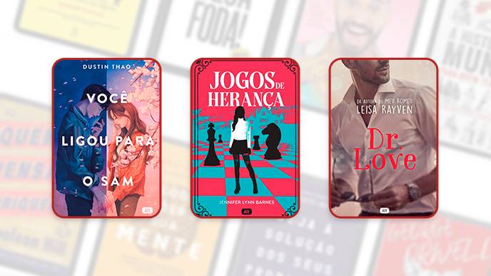 Com um fundo que indica capas de livros, em destaque temos três obras. Na ordem: Você ligou para o Sam; Jogos de herança e Dr. Love.