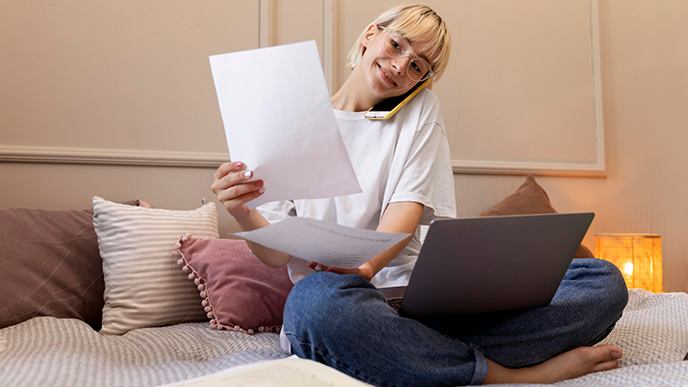 Uma jovem, de cabelo curto e óculos de grau, sentada na cama. No colo, um notebook e em cada uma das mãos segura uma via de boleto bancário.