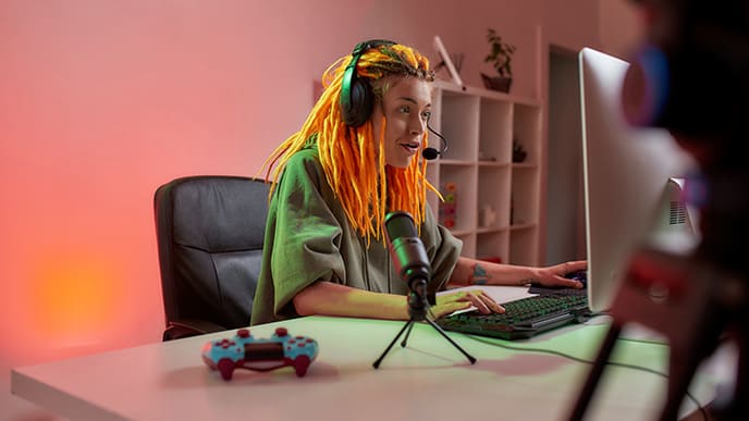 Uma moça de blusa verde e cabelo alaranjado, sentada em uma mesa com um computador a sua frente, um microfone e um controle de videogame ao lado. Ao fundo, uma estante.